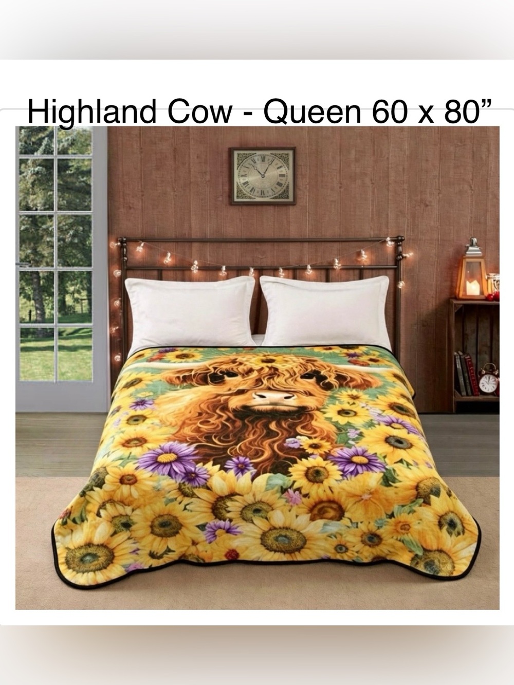 Highland Cow Queen Size Fleece Farmhouse Floral Blanket Throw